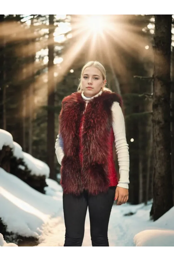 Kadın Kolsuz Fermuarlı Yelek - Kırmızı