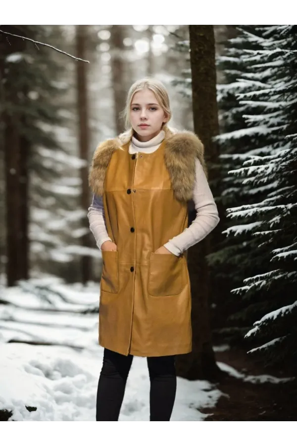 Kadın Kolsuz Hakiki Deri Kürk - Hardal