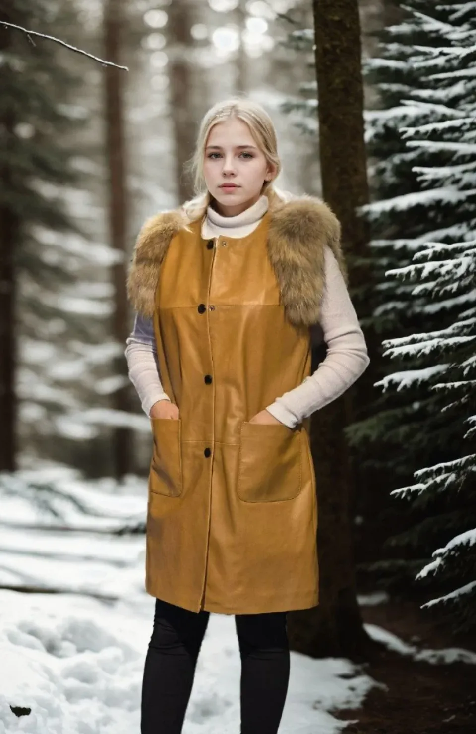 Kadın Kolsuz Hakiki Deri Kürk - Hardal Somersan Giyim | Kadın, Erkek ve Çocuk Moda