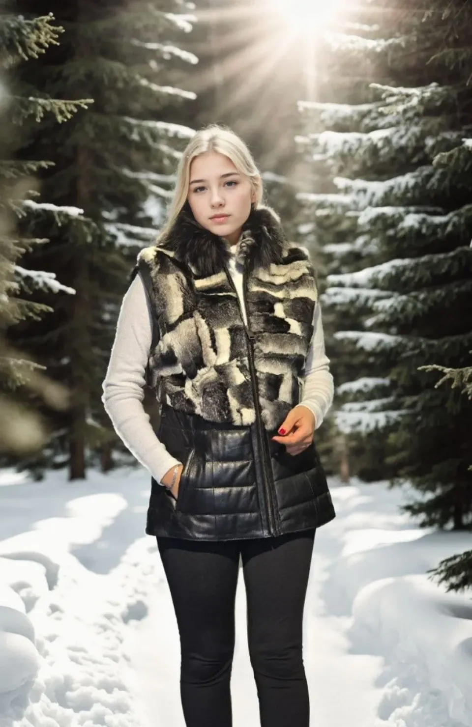 Kadın Kolsuz Hakiki Deri Kürk - Siyah