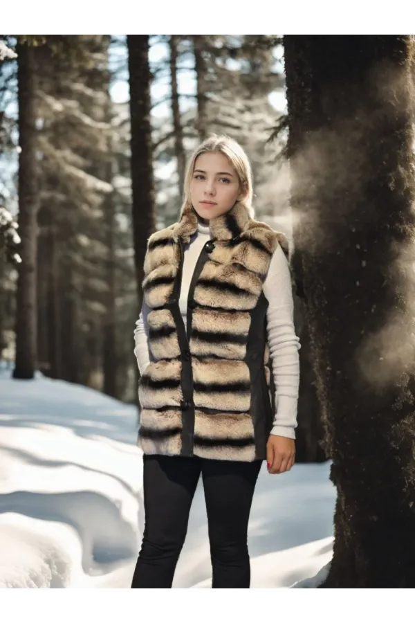 Kadın Kolsuz Hakiki Deri Kürk - Siyah