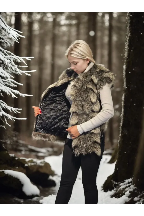 Kadın Kolsuz Hakiki Deri Kürk - Siyah