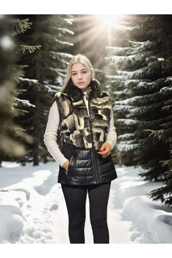 Kadın Kolsuz Hakiki Deri Kürk - Siyah