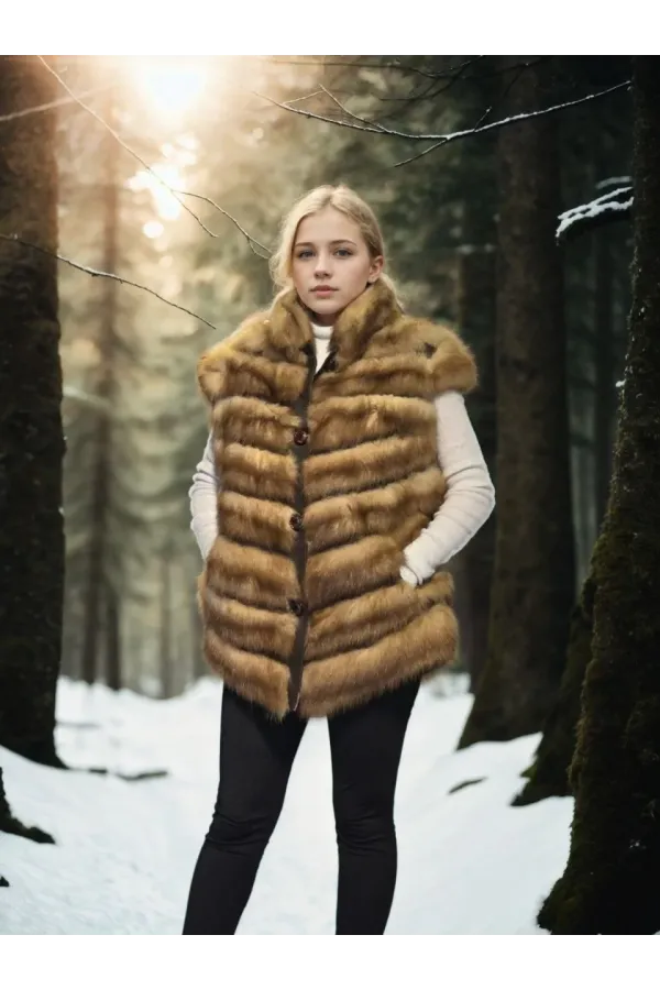 Kadın Kolsuz Hakiki Kürk - Kahve