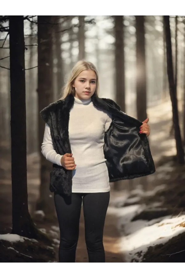 Kadın Kolsuz Hakiki Kürk - Siyah