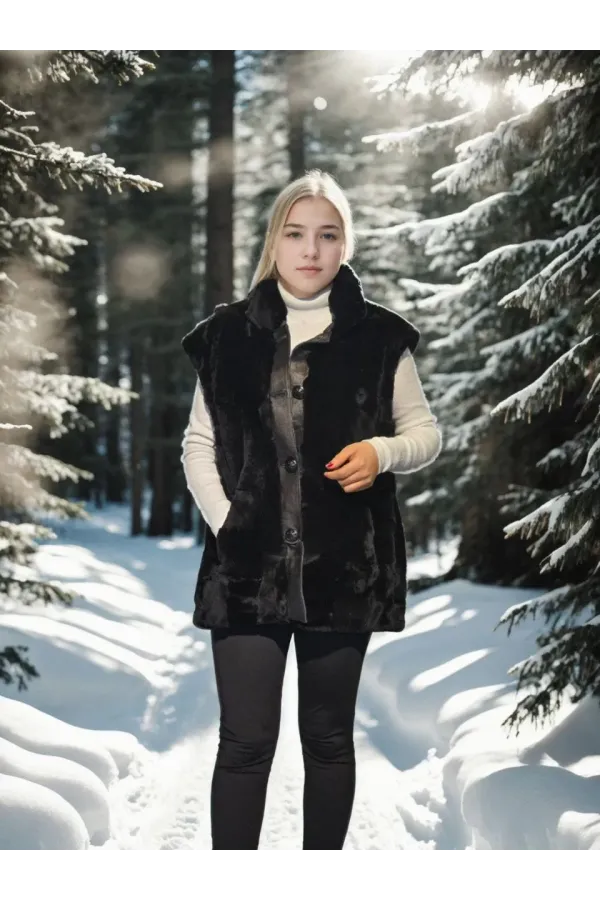 Kadın Kolsuz Hakiki Yelek - Siyah