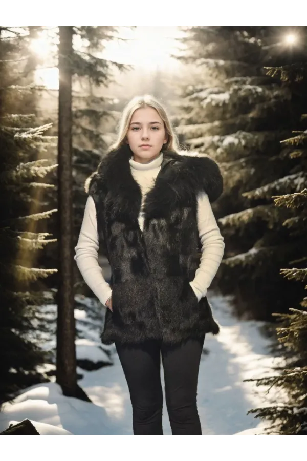 Kadın Kolsuz Kapüşonlu Yelek - Siyah