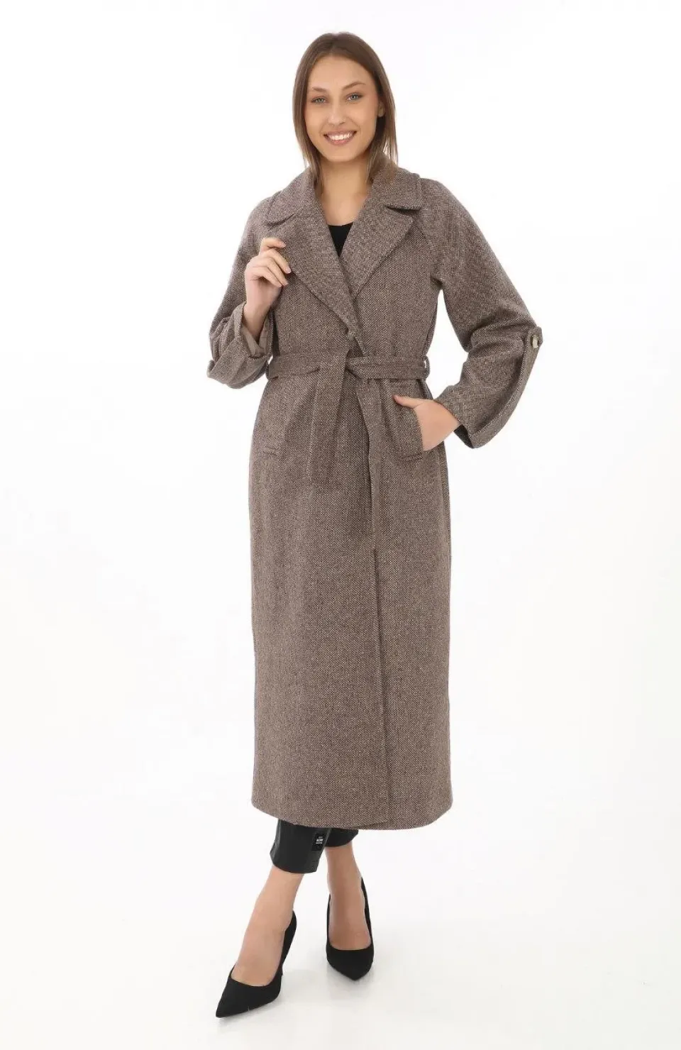 Kadın Kolu Apoletli Astarlı Kaşmir Kaşe Kaban - Vizon Somersan Giyim | Kadın, Erkek ve Çocuk Moda