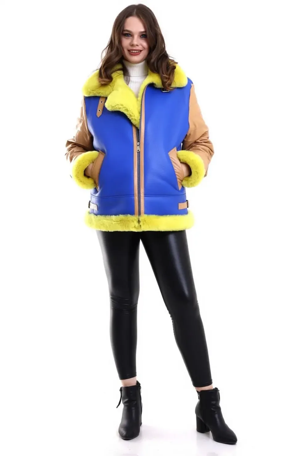 Kadın Koyun Derisi Pilot Hakiki Kürk - Sarı