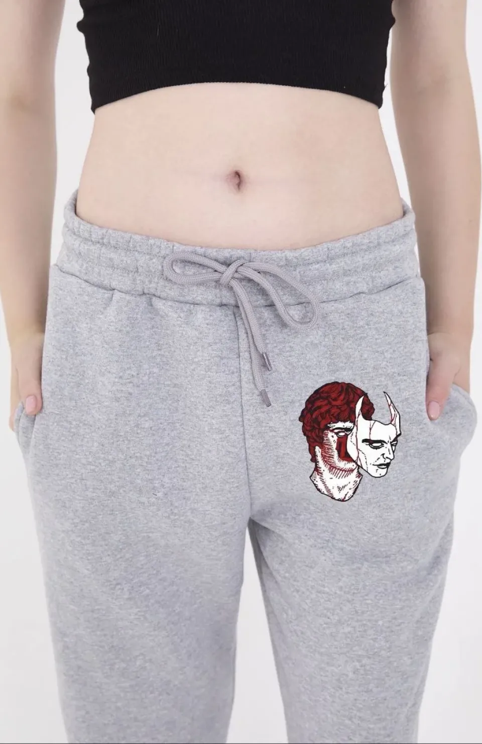 Kadın Lastikli Baskılı Eşofman Pantolon - Gri