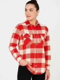 Kadın Oduncu Gömlek – Uzun Kollu, Şardonlu Kumaş, Kırmızı Beyaz Kareli Desen, Regular Fit, Çift Cepli, Manşetli Günlük Şık Stil - Bordo