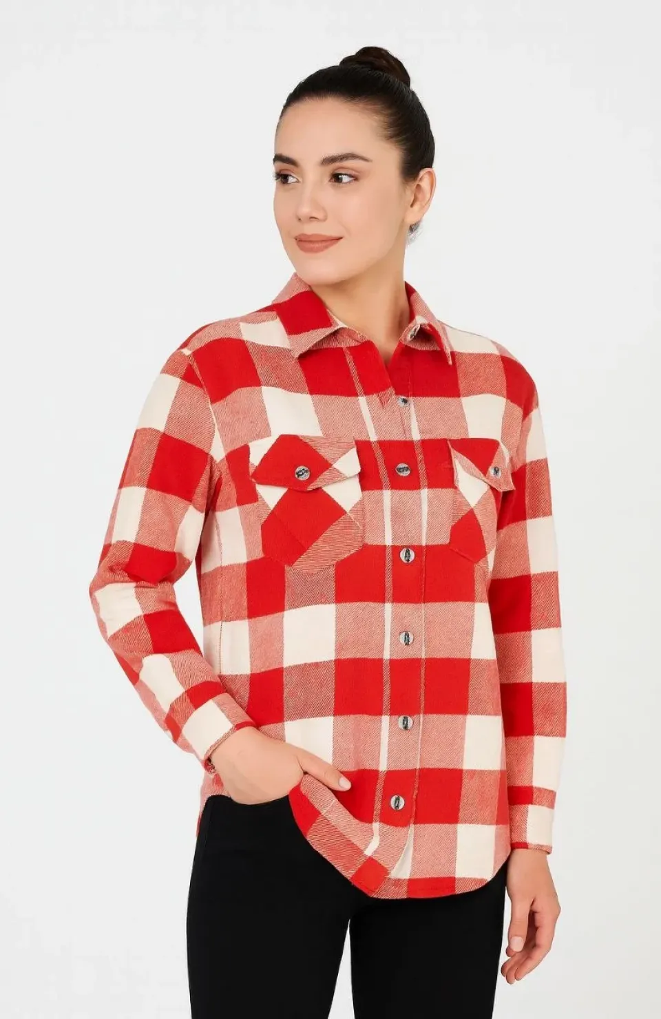 Kadın Oduncu Gömlek – Uzun Kollu, Şardonlu Kumaş, Kırmızı Beyaz Kareli Desen, Regular Fit, Çift Cepli, Manşetli Günlük Şık Stil - Bordo