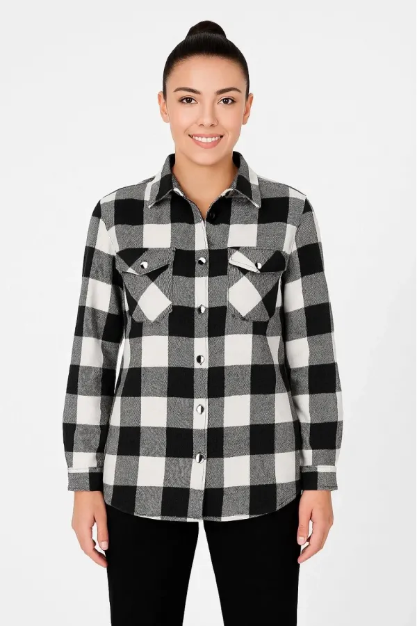 Kadın Oduncu Gömlek – Uzun Kollu, Şardonlu Kumaş, Kırmızı Beyaz Kareli Desen, Regular Fit, Çift Cepli, Manşetli Günlük Şık Stil - Siyah