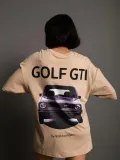 Kadın Oversize Baskılı Tişört – Golf GTI Retro Araba Desenli, Ön & Arka Dijital Baskı, Sokak Modası Stil - Bej