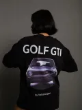 Kadın Oversize Baskılı Tişört – Golf GTI Retro Araba Desenli, Ön & Arka Dijital Baskı, Sokak Modası Stil - Siyah