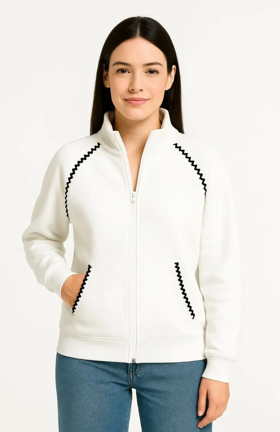 Kadın Oversize Dik Yaka Fermuarlı Sweatshirt - Zincir Nakışli Kanguru Cepli, - Beyaz