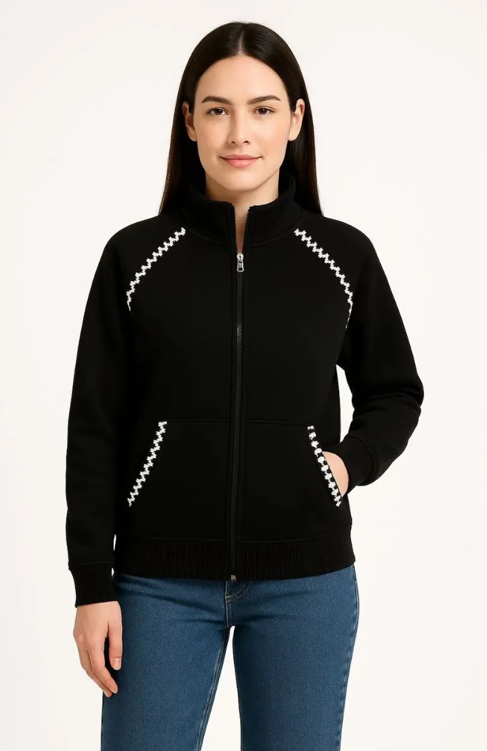 Kadın Oversize Dik Yaka Fermuarlı Sweatshirt - Zincir Nakışli Kanguru Cepli, - Siyah