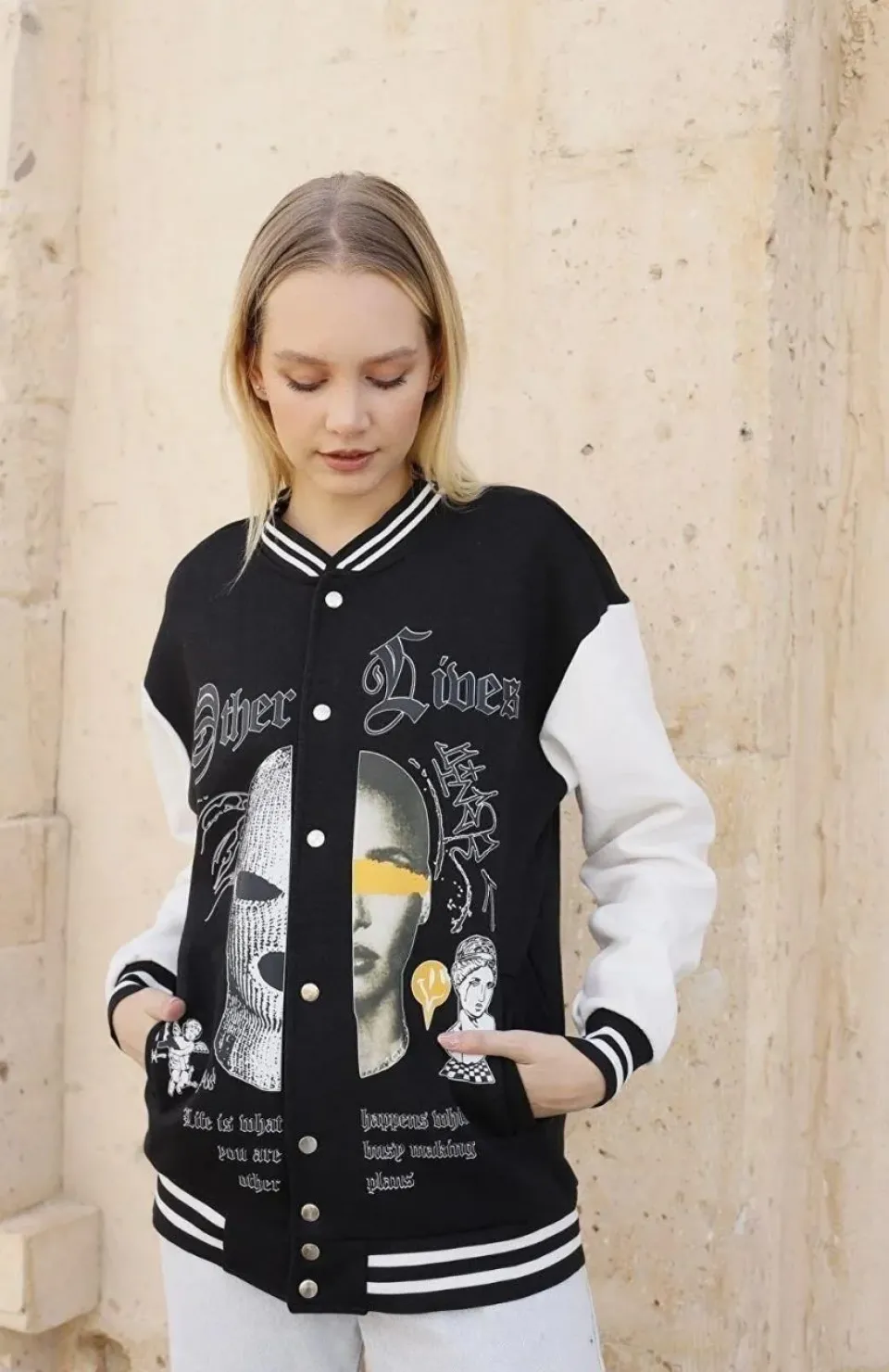 Kadın Oversize Kolej Tarzı Sweatshirt – 3 İplik İçi Pamuklu, Baskılı, Rahat Günlük Ceket - Siyah