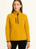 Kadın Polar Kazak – Dik Yaka, Yarım Fermuarlı, Fermuarlı Göğüs Cepli, Siyah Biyeli, Kışlık Rahat Regular Fit Günlük Model - Sarı