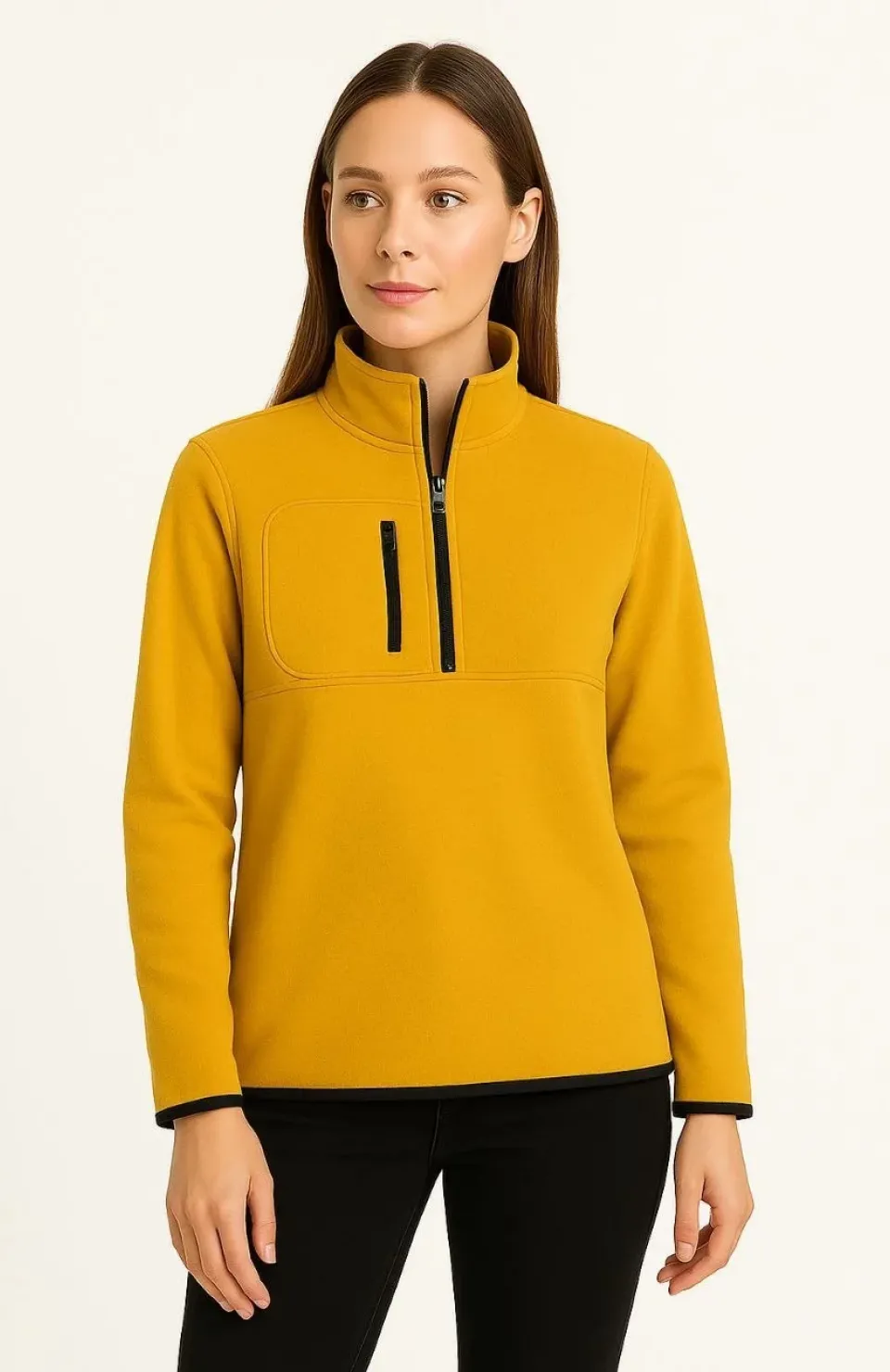 Kadın Polar Kazak – Dik Yaka, Yarım Fermuarlı, Fermuarlı Göğüs Cepli, Siyah Biyeli, Kışlık Rahat Regular Fit Günlük Model - Sarı