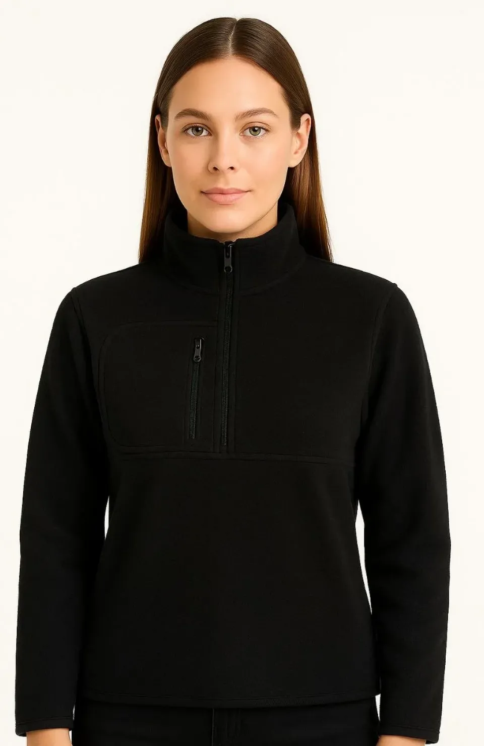 Kadın Polar Kazak – Dik Yaka, Yarım Fermuarlı, Fermuarlı Göğüs Cepli, Siyah Biyeli, Kışlık Rahat Regular Fit Günlük Model - Siyah