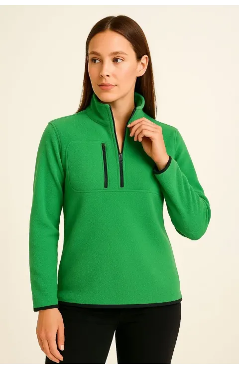 Kadın Polar Kazak – Dik Yaka, Yarım Fermuarlı, Fermuarlı Göğüs Cepli, Siyah Biyeli, Kışlık Rahat Regular Fit Günlük Model - Yeşil