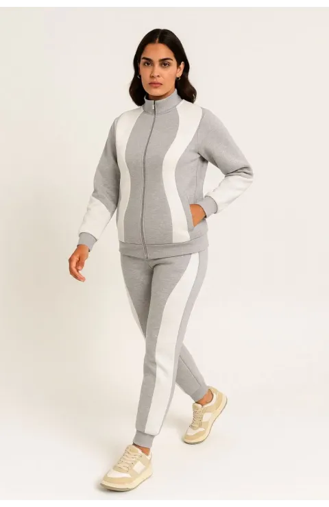 Kadın Premium Parçalı Eşofman Takım - Dik Yaka Fermuarlı Sweatshirt - Gri