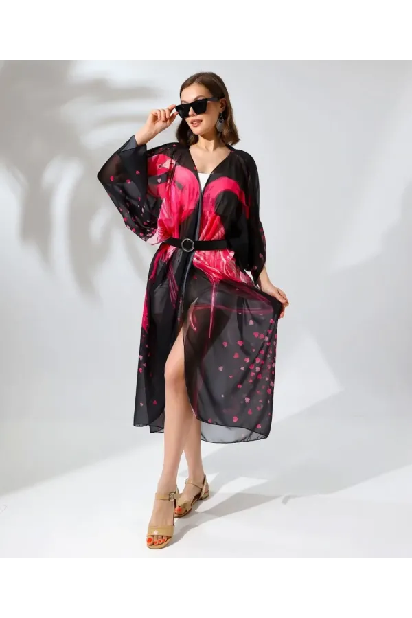 Kadın Rahat Kesim Şifon Kimono - Siyah