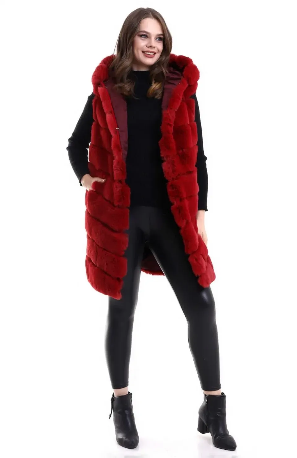 Kadın Reks Kapüşonlu Yelek - Kırmızı