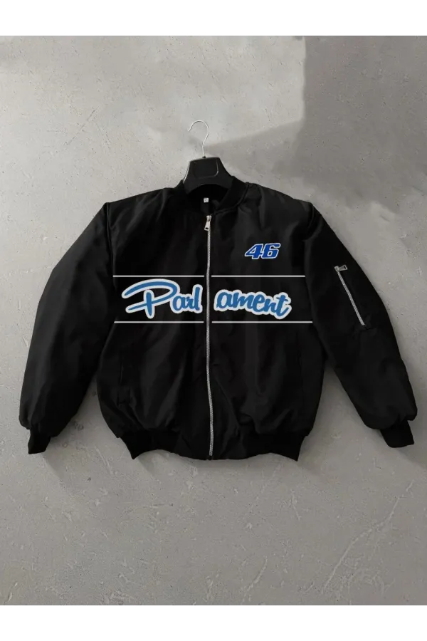 Kadın Siyah Bomber Mont – Parliament Yazılı, Fermuarlı Cepli, Kapitone Astarlı Oversize Günlük Mont - Siyah