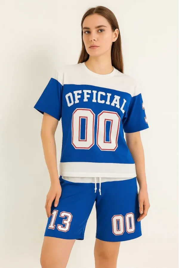 Kadın Şortlu Takım – Oversize İki İplik Kumaş, Ön & Arka Dijital Baskılı Tişört ve Lastikli Cepli Şort, Yazlık Günlük Spor Set - Mavi