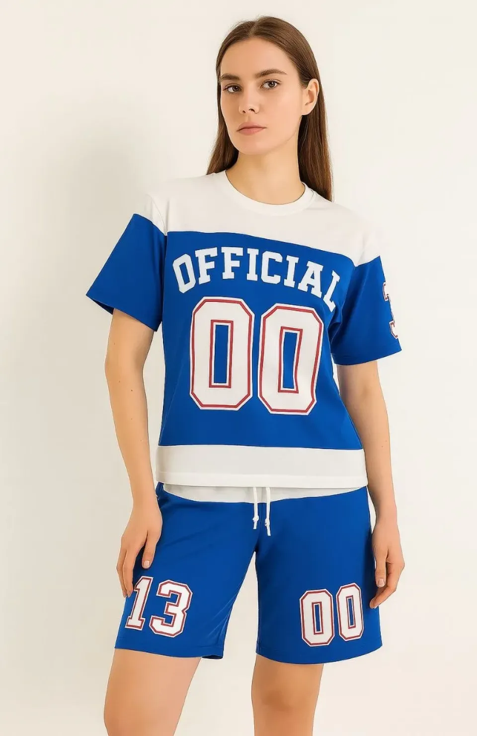 Kadın Şortlu Takım – Oversize İki İplik Kumaş, Ön & Arka Dijital Baskılı Tişört ve Lastikli Cepli Şort, Yazlık Günlük Spor Set - Mavi