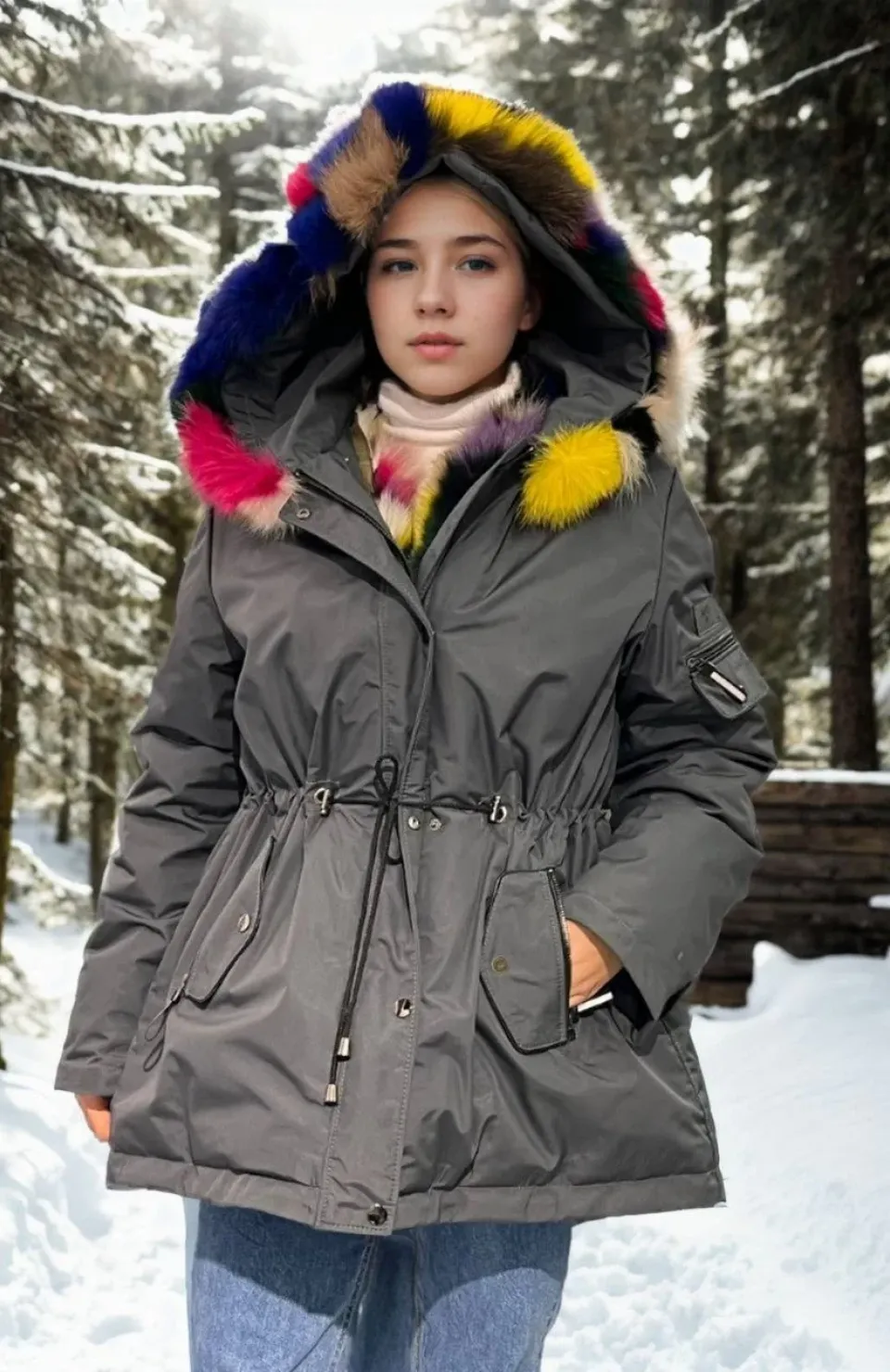 Kadın Su Geçirmez Kapüşonlu Mont - Füme