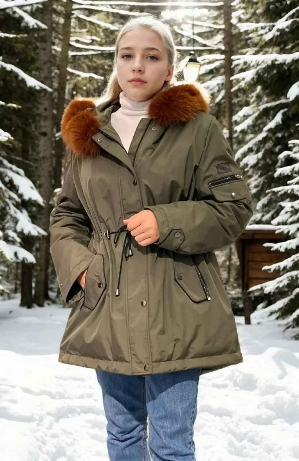 Kadın Su Geçirmez Kapüşonlu Mont - Haki