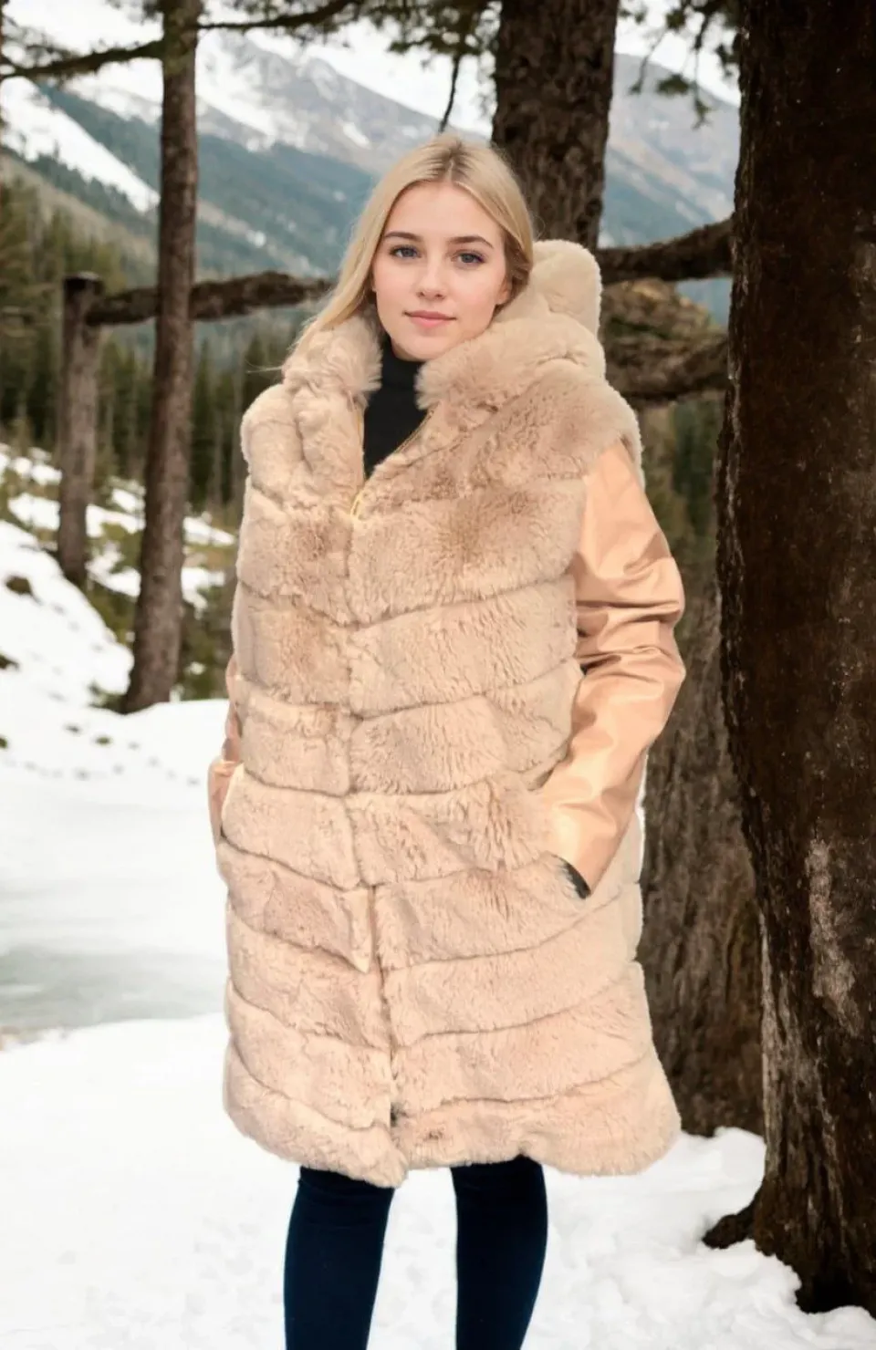 Kadın Suni Kürk Hakiki Deri - Somon