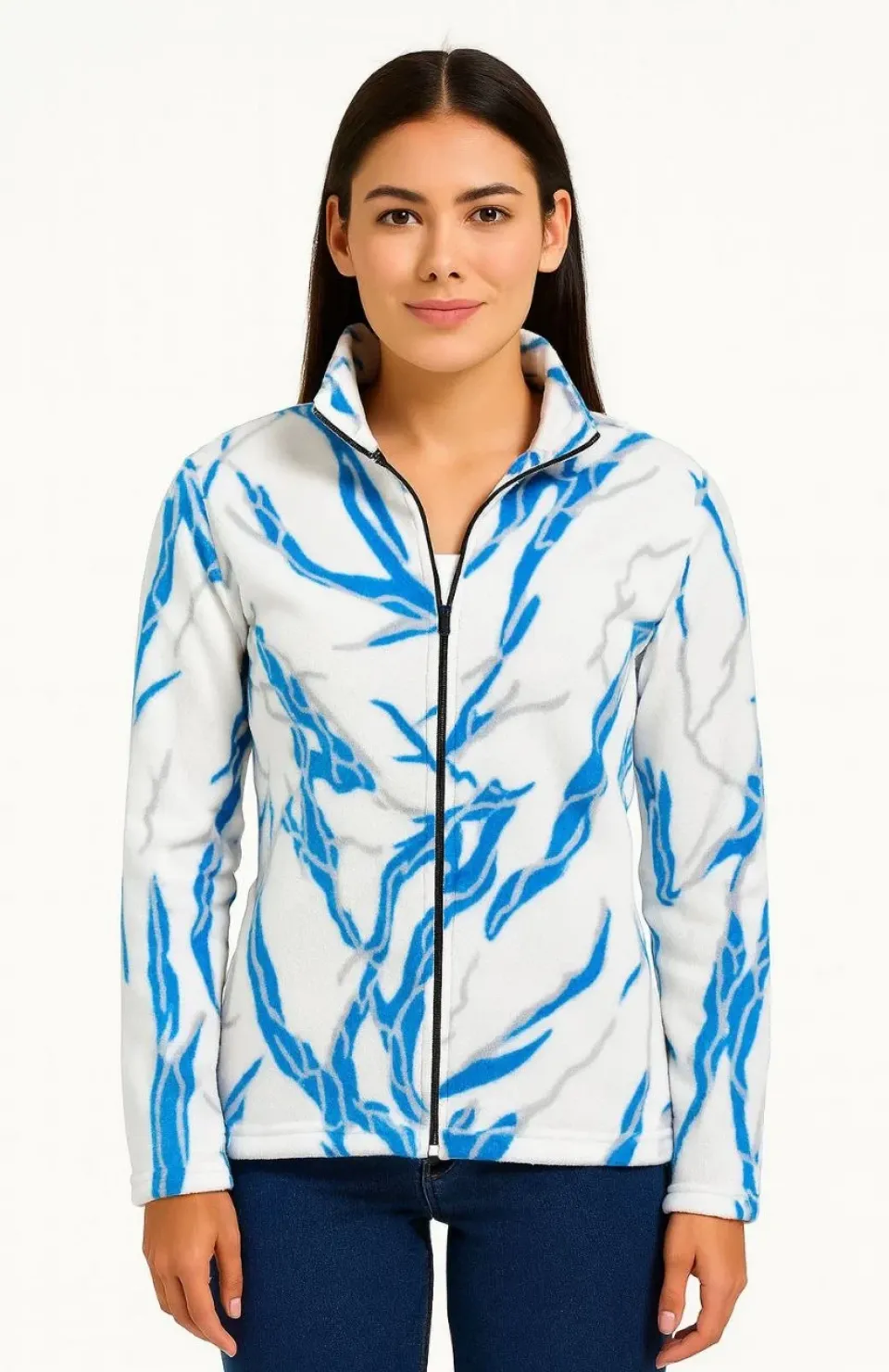 Kadın Tam Fermuarlı Desenli Polar Sweat Lightning Desen Yakalı, Uzun Kollu, Oversize Rahat Kalıp - Beyaz