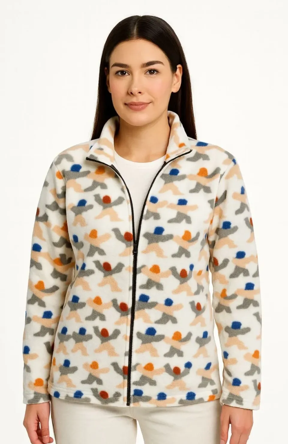 Kadın Tam Fermuarlı Desenli Polar Sweat – Siyah Multicolor Figür Desen Yakalı, Uzun Kollu, Oversize Rahat Kalıp - Beyaz