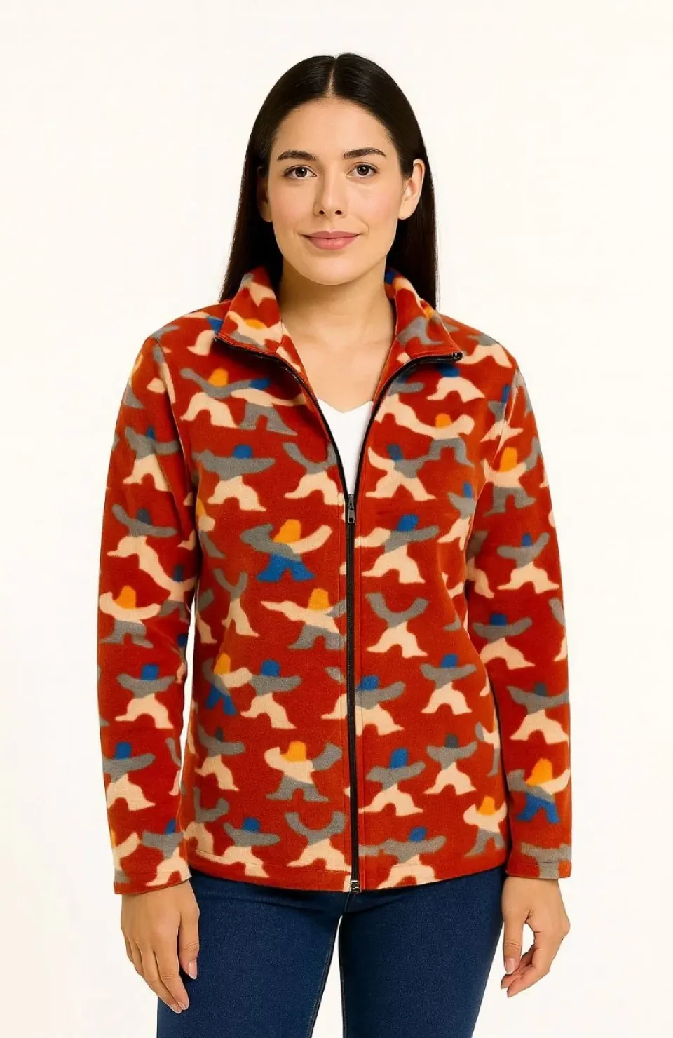 Kadın Tam Fermuarlı Desenli Polar Sweat – Siyah Multicolor Figür Desen Yakalı, Uzun Kollu, Oversize Rahat Kalıp - Kiremit