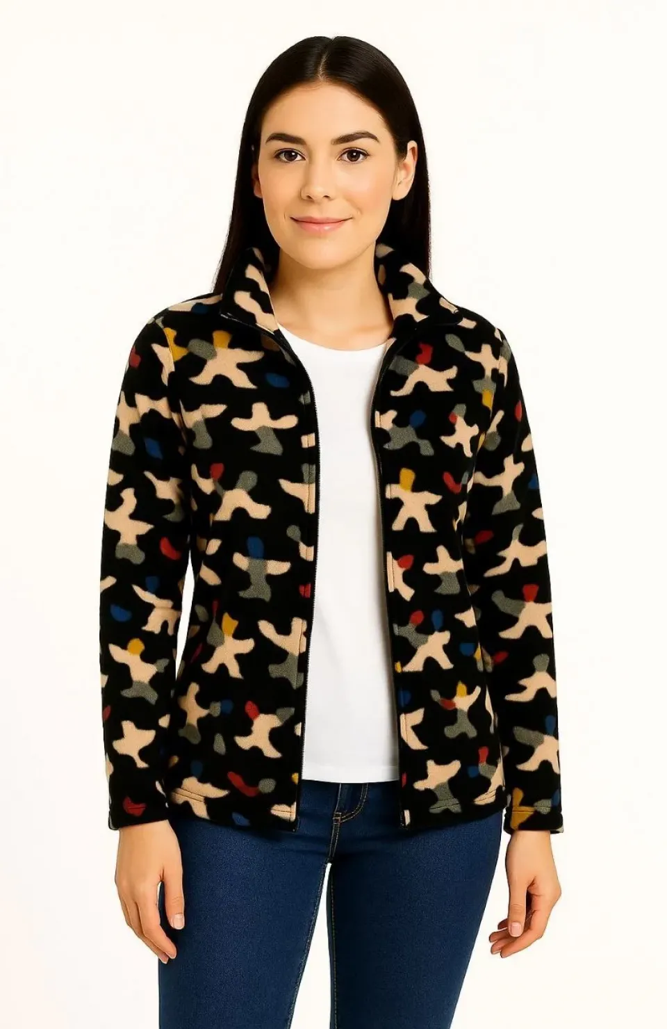 Kadın Tam Fermuarlı Desenli Polar Sweat – Siyah Multicolor Figür Desen Yakalı, Uzun Kollu, Oversize Rahat Kalıp - Siyah