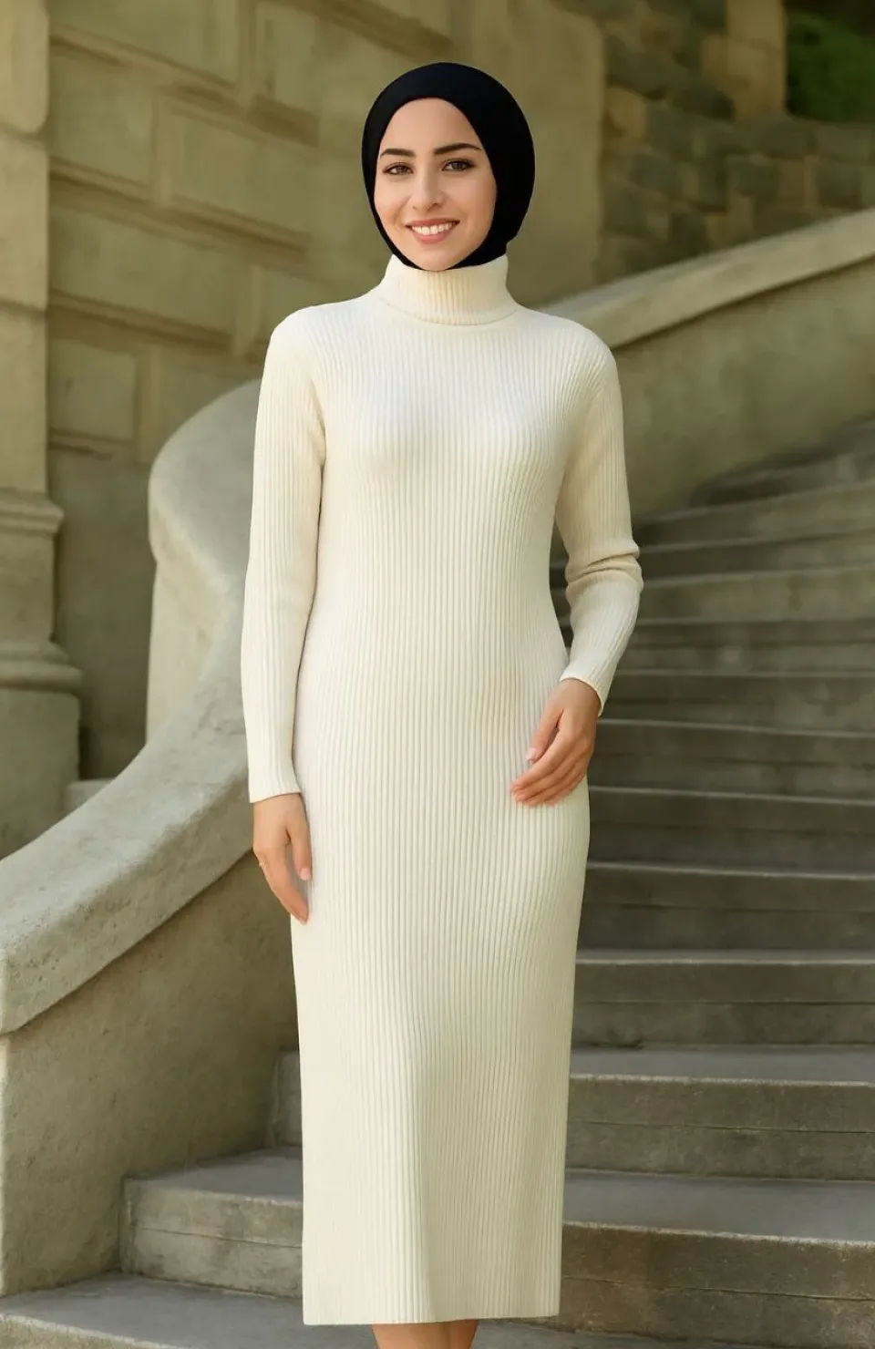 Kadın Tesettür Triko Elbise – Boğazlı Uzun Fitilli Dokuma, Esnek Tam Kalıp, 130 cm Midi Boy, Bahar & Kış Şık Rahat Stil - Beyaz