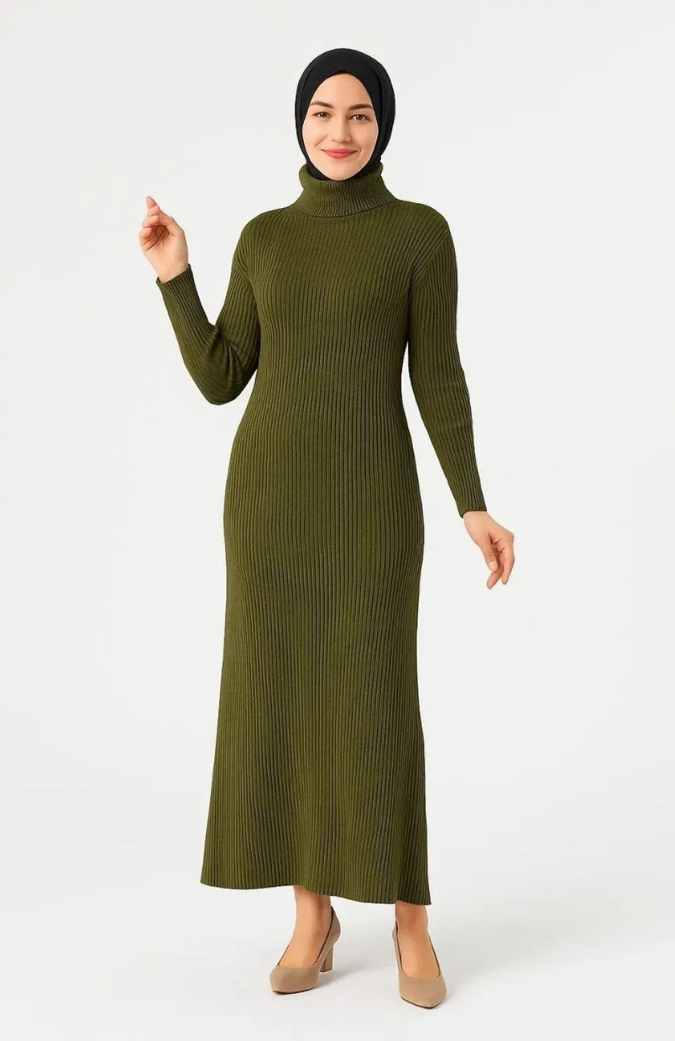Kadın Tesettür Triko Elbise – Boğazlı Uzun Fitilli Dokuma, Esnek Tam Kalıp, 130 cm Midi Boy, Bahar & Kış Şık Rahat Stil - Haki