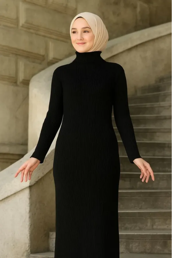 Kadın Tesettür Triko Elbise – Boğazlı Uzun Fitilli Dokuma, Esnek Tam Kalıp, 130 cm Midi Boy, Bahar & Kış Şık Rahat Stil - Siyah