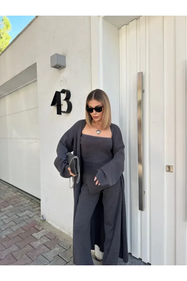 Kadın Triko Üçlü Takım - Füme