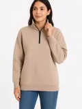 Kadın Üç İplik Dık Yaka Yarım Fermuarlı SweatShirt - Bej