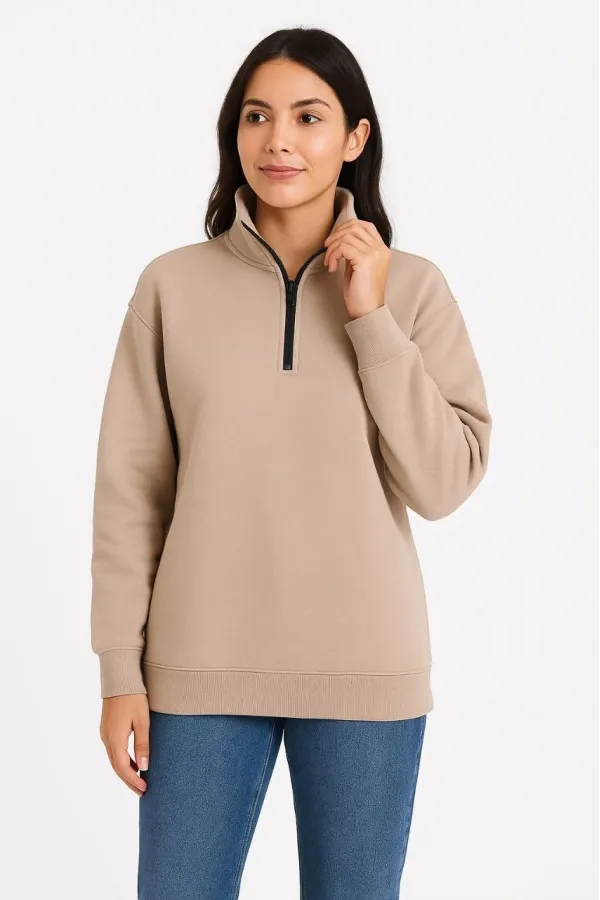 Kadın Üç İplik Dık Yaka Yarım Fermuarlı SweatShirt - Bej