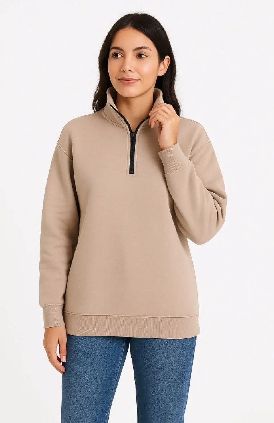 Kadın Üç İplik Dık Yaka Yarım Fermuarlı SweatShirt - Bej