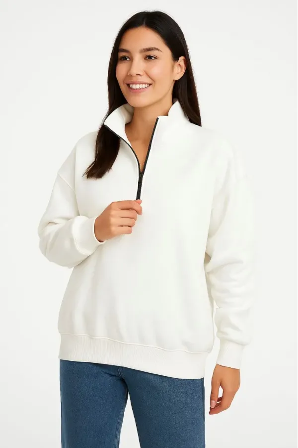 Kadın Üç İplik Dık Yaka Yarım Fermuarlı SweatShirt - Beyaz