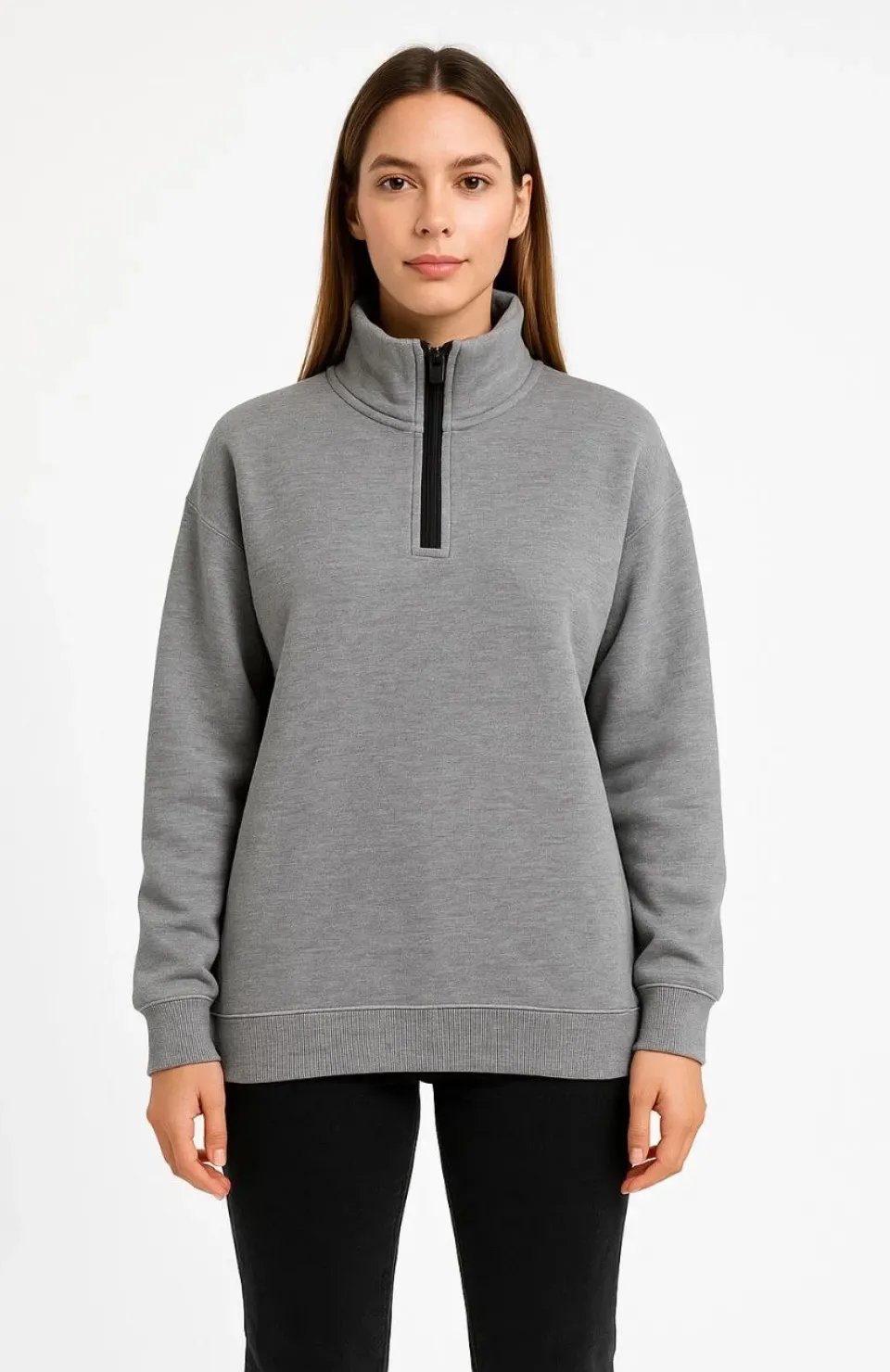 Kadın Üç İplik Dık Yaka Yarım Fermuarlı SweatShirt - Gri