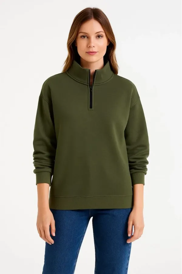 Kadın Üç İplik Dık Yaka Yarım Fermuarlı SweatShirt - Haki