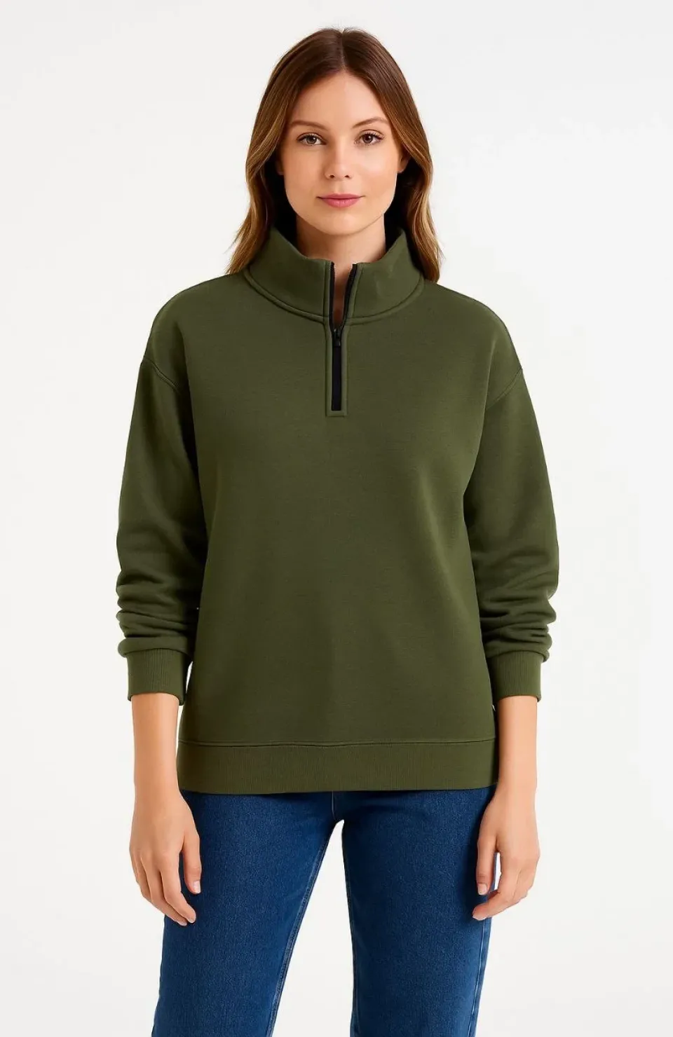 Kadın Üç İplik Dık Yaka Yarım Fermuarlı SweatShirt - Haki